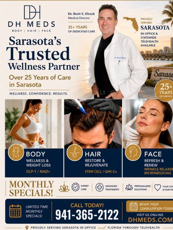 DH Meds offers wellness treatments for body, hair, and face in Sarasota, led by Dr. Brett S. Hirsch.
