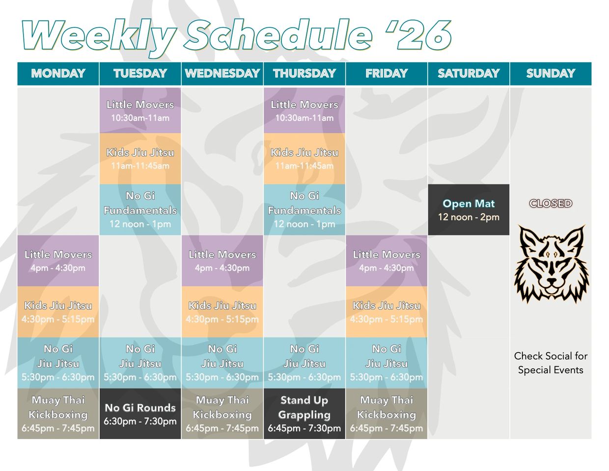 Weekly martial arts and fitness schedule with classes from Monday to Saturday, Sunday closed.
