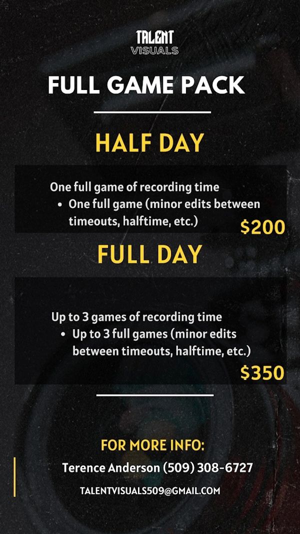 Full game recording packages priced at $200 for half day and $350 for full day.
