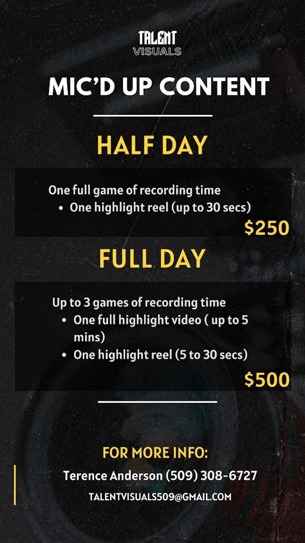 Pricing and contact info for MIC'D UP CONTENT recording services.