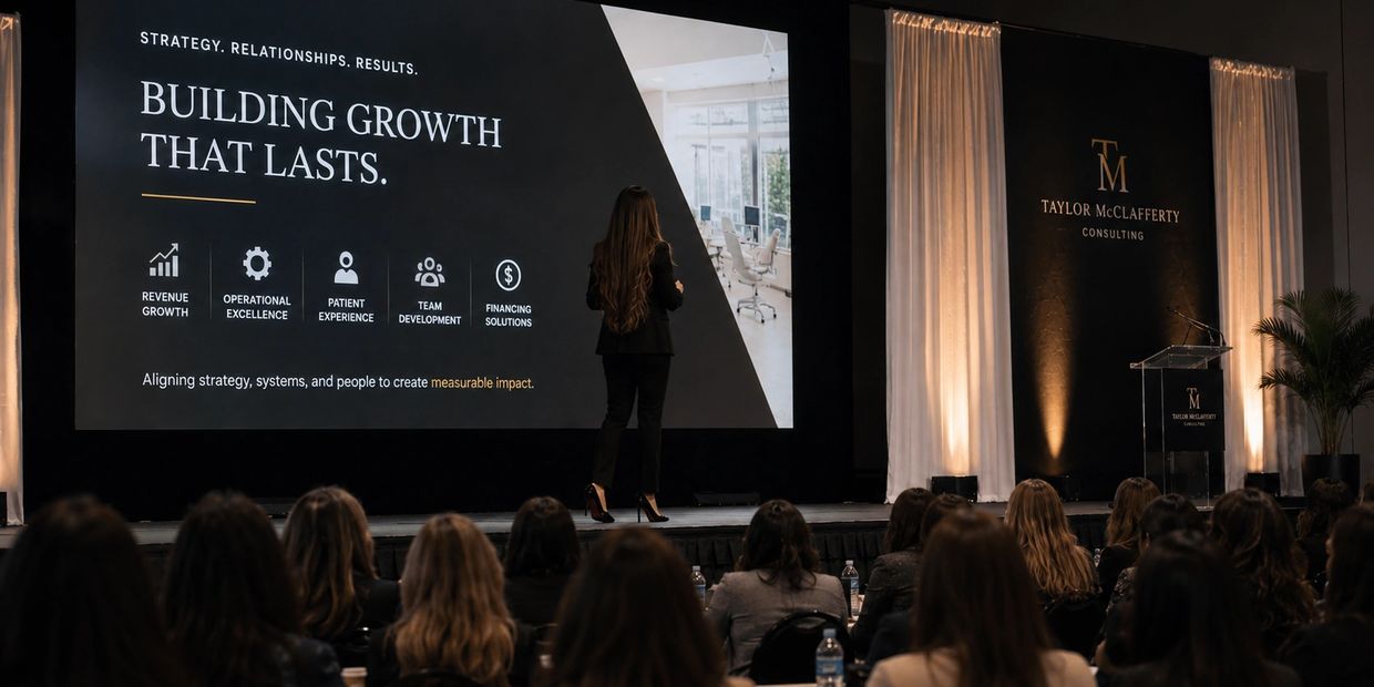 A businesswoman presents a growth strategy to an audience at a consulting event.