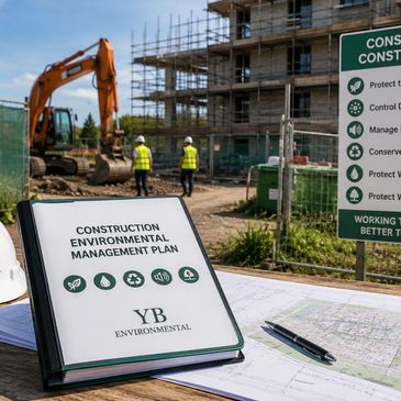 Construction site with environmental management plan and workers in safety gear.
