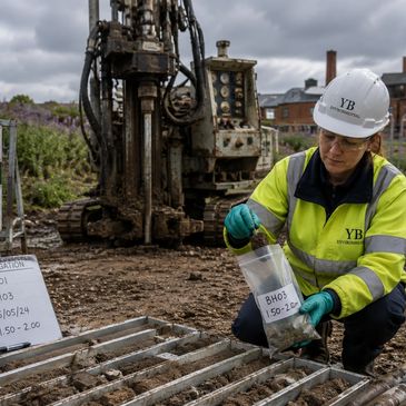 Worker in safety gear collecting soil samples at a drilling site.