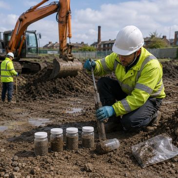 Construction worker collecting soil samples with machinery in the background.