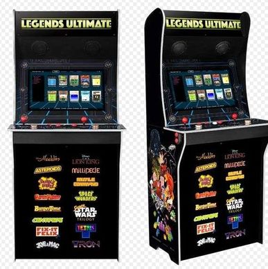 Two views of a Legends Ultimate arcade cabinet with multiple classic games.