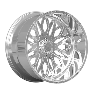 Shiny chrome car wheel rim with intricate design.