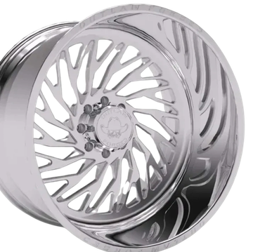 Shiny silver custom car rim with intricate design.