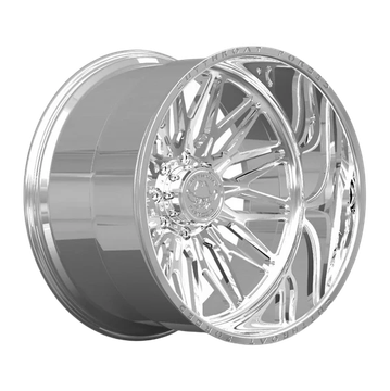 Shiny chrome car rim with intricate spoke design.