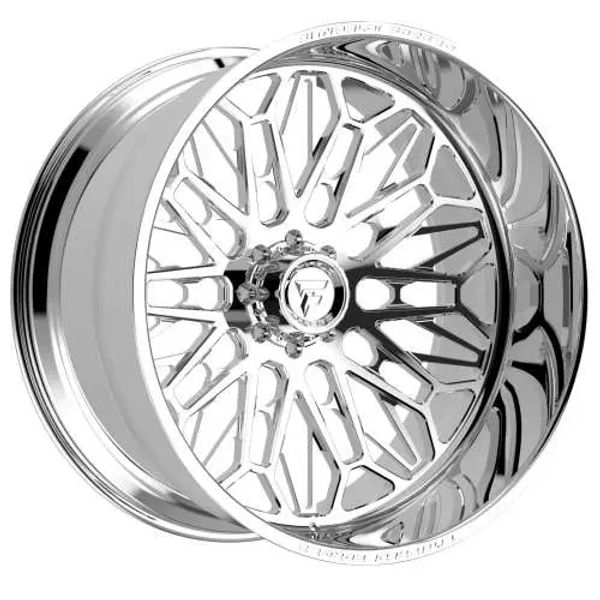 Shiny chrome car wheel rim with intricate design.