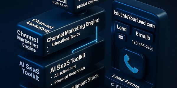 3D cubes illustrating a digital company's marketing and service stack with contact info.