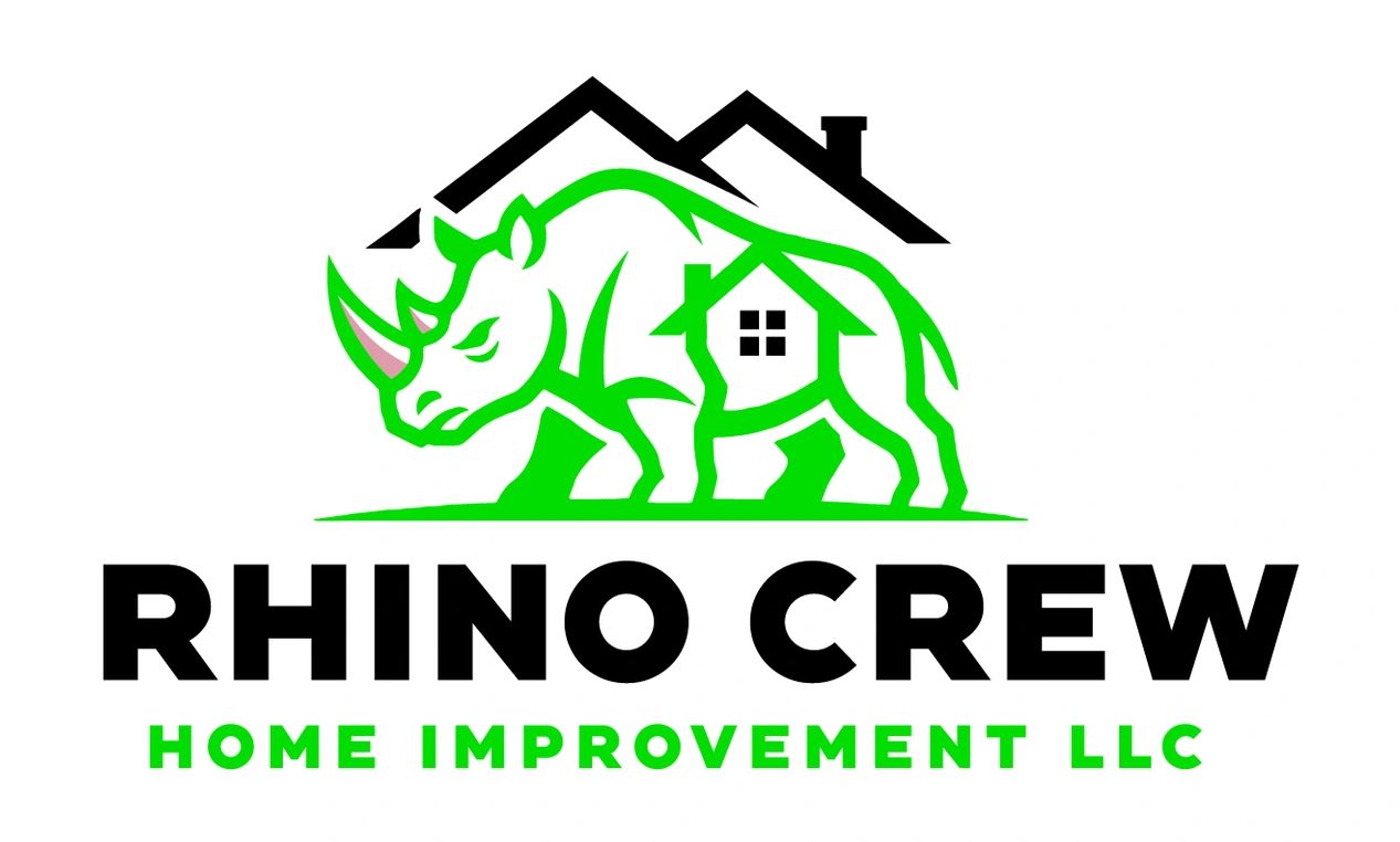 Logo of Rhino Crew Home Improvement LLC with a green rhino and house elements.