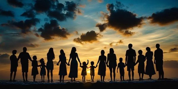 Silhouettes of a large family holding hands at sunset on the beach.