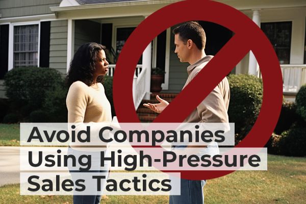 Man and woman arguing with a no symbol and warning about high-pressure sales.