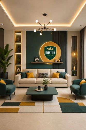 Modern living room with green and mustard color scheme and stylish decor.