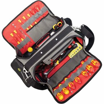 Open tool bag with organized hand tools inside.