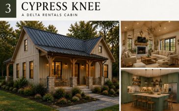 Exterior and interior views of the Cypress Knee cabin rental.