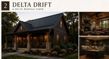 A cozy Delta Rentals cabin named Delta Drift at dusk.