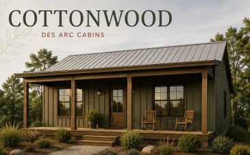 Rustic Cottonwood cabin with porch and rocking chairs.