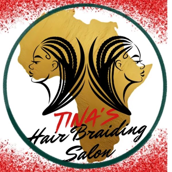 Logo of Tina's Hair Braiding Salon with African map and braided hairstyles.