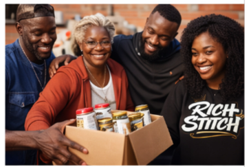 Four friends smiling and holding a box of canned beverages outdoors.