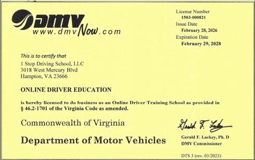 Virginia DMV license for 1 Stop Driving School, LLC for online driver education.