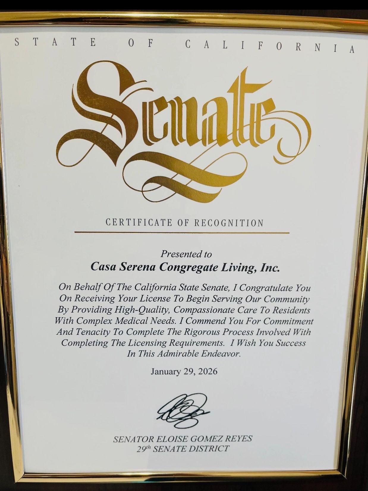 California Senate Recognizes Casa Serena Congregate Living