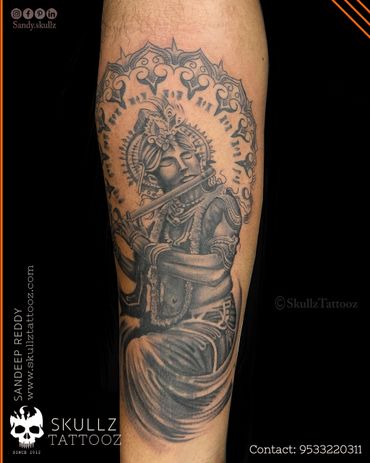 Lord Krishna halfsleeve tattoo designed and tattoed at skullz tattooz hyderabad