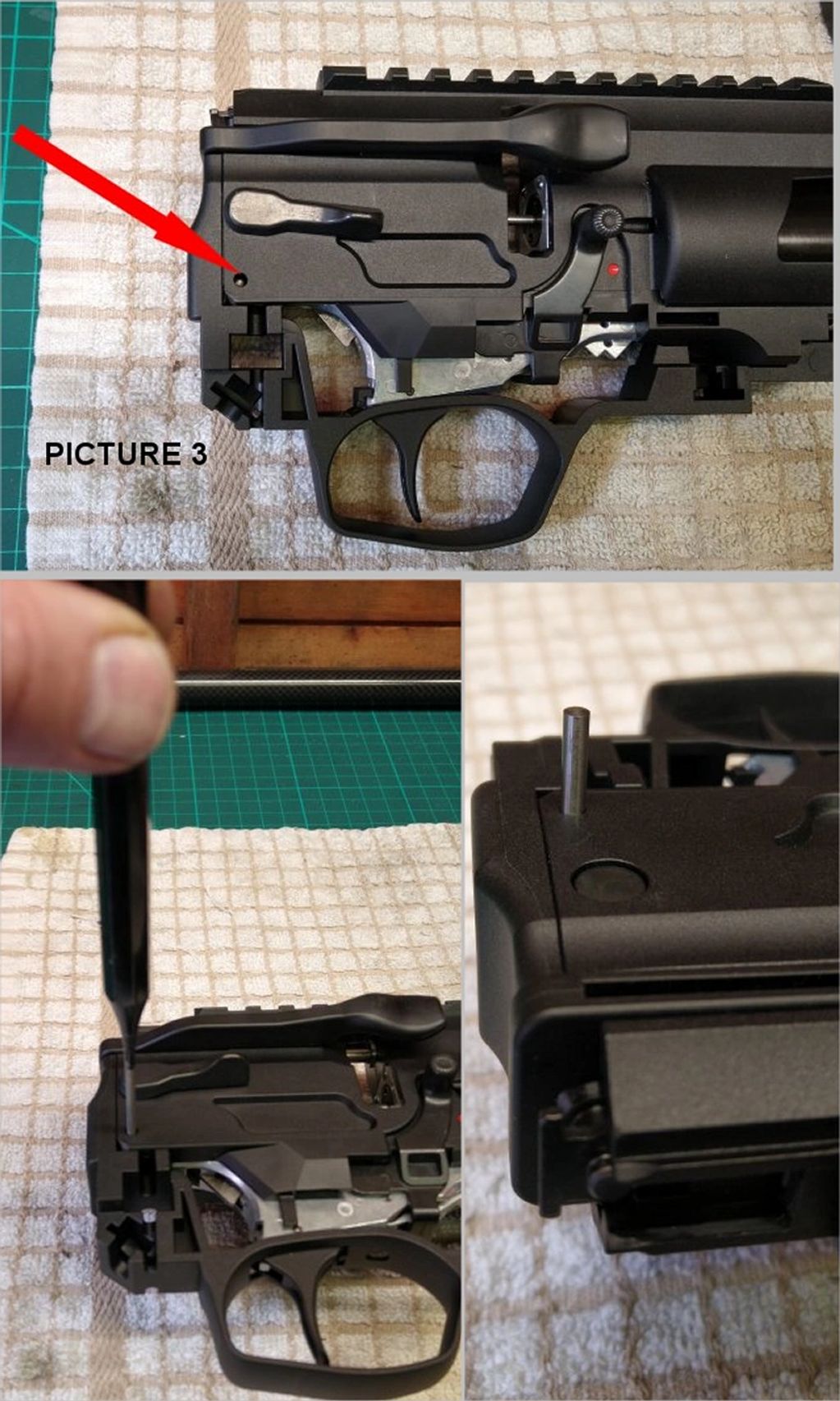 Removing the pin from the Weihrauch HW110 to allow the trigger section to be removed