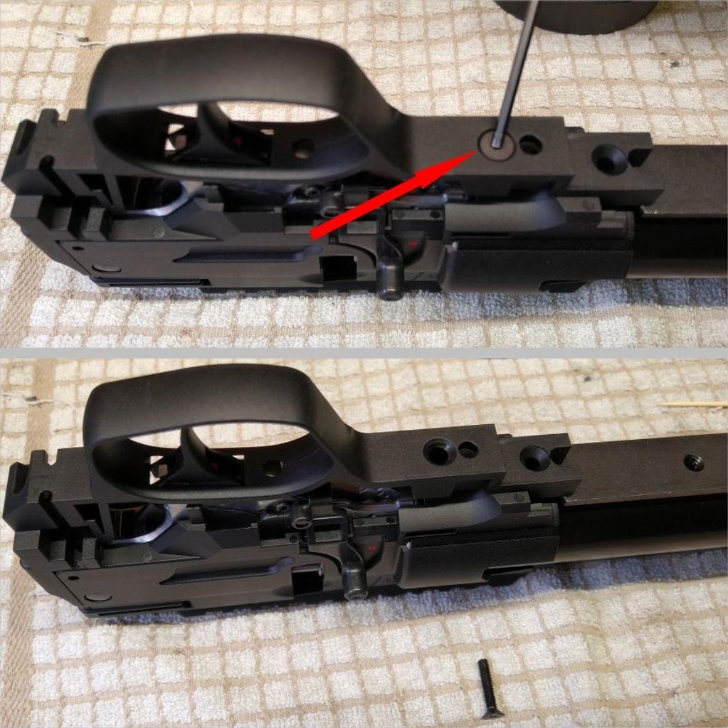 Removing the screw that holds the trigger section of the Weihrauch HW110