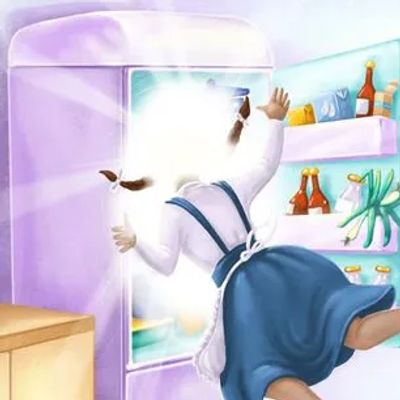 Image of Leola being pulled into the refrigerator.