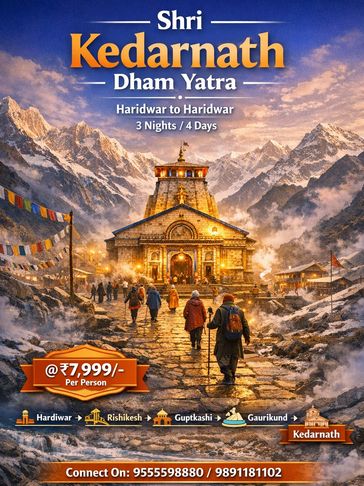 Pilgrims walking towards the illuminated Kedarnath temple amidst snowy mountains.