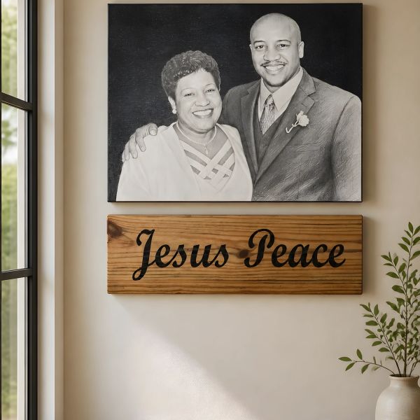 Black and white portrait with a wooden sign saying Jesus Peace.