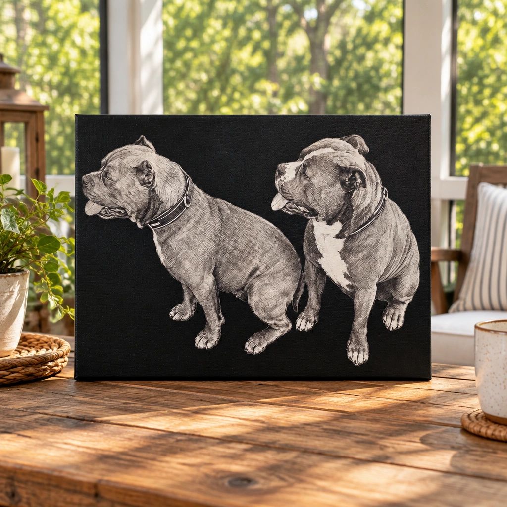 A black canvas with two detailed dog sketches.