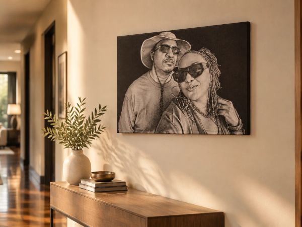 Photos engraved on canvas.