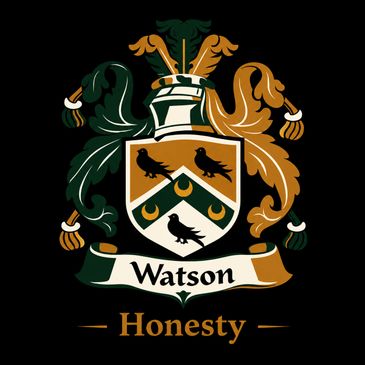 Watson family crest with the word 'Honesty' beneath it on a black background.