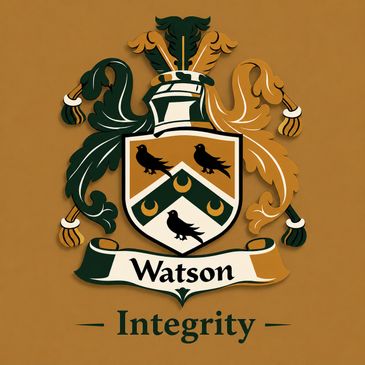Watson family crest with motto 'Integrity' on a brown background.