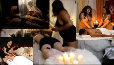 People receiving relaxing massages in candlelit rooms.