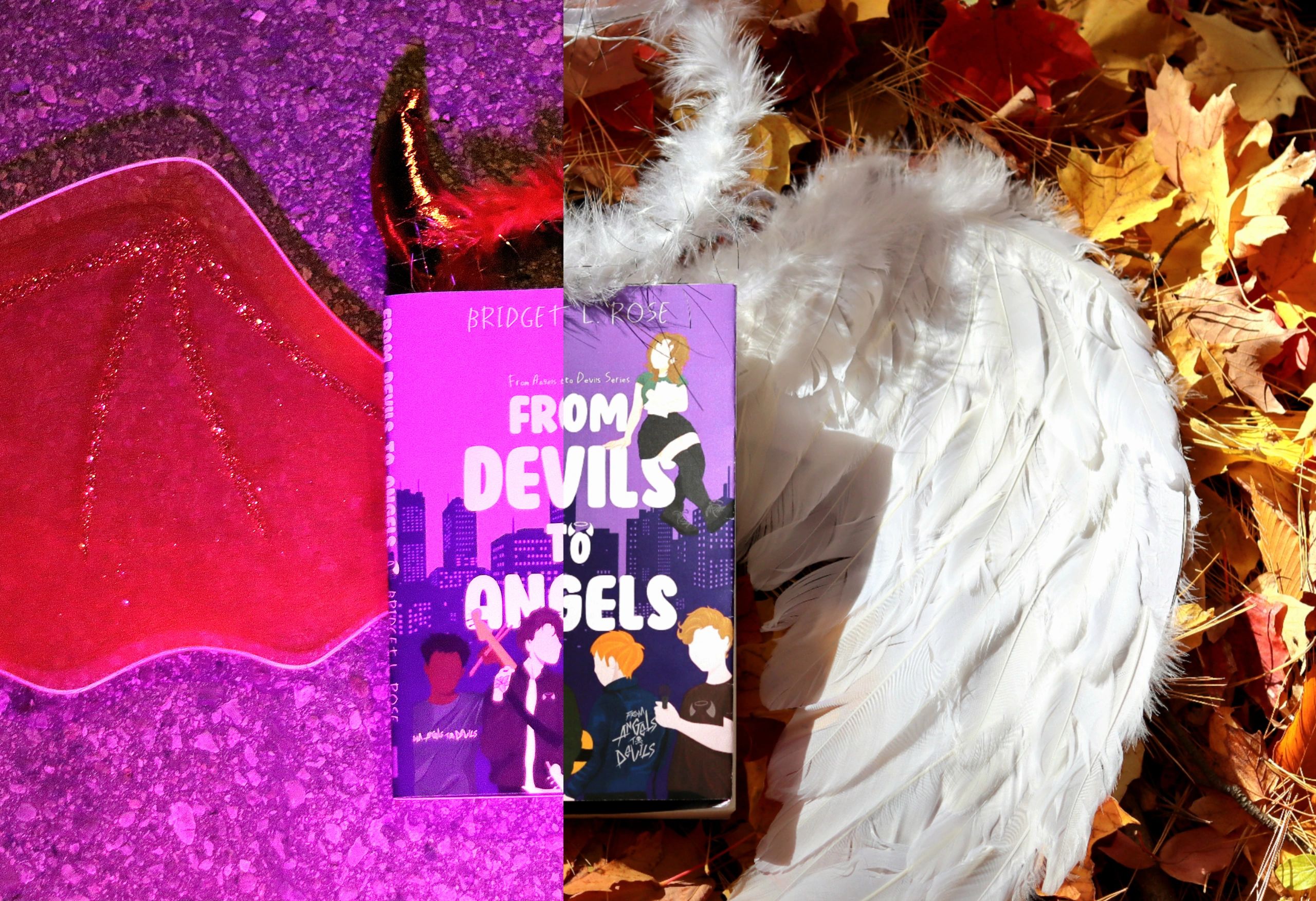 From Devils to Angels split image with half a devil theme and half an angel theme.