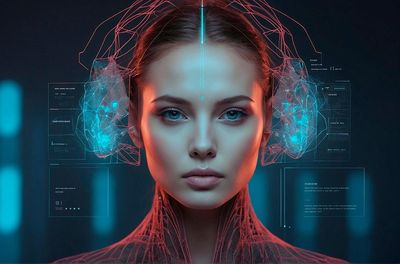 Futuristic woman with digital overlays and neural interface.