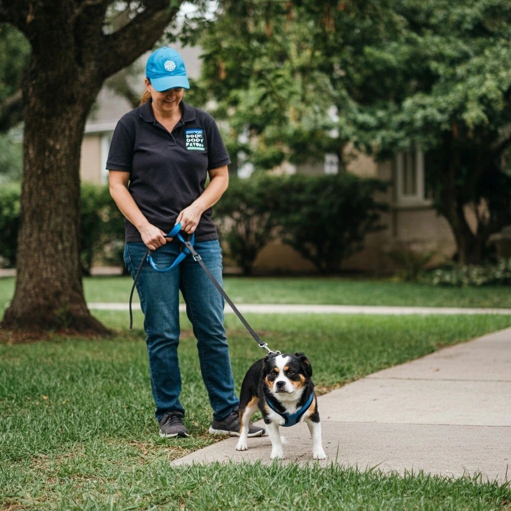 Woman walking a small dog on a leash in a residential area.