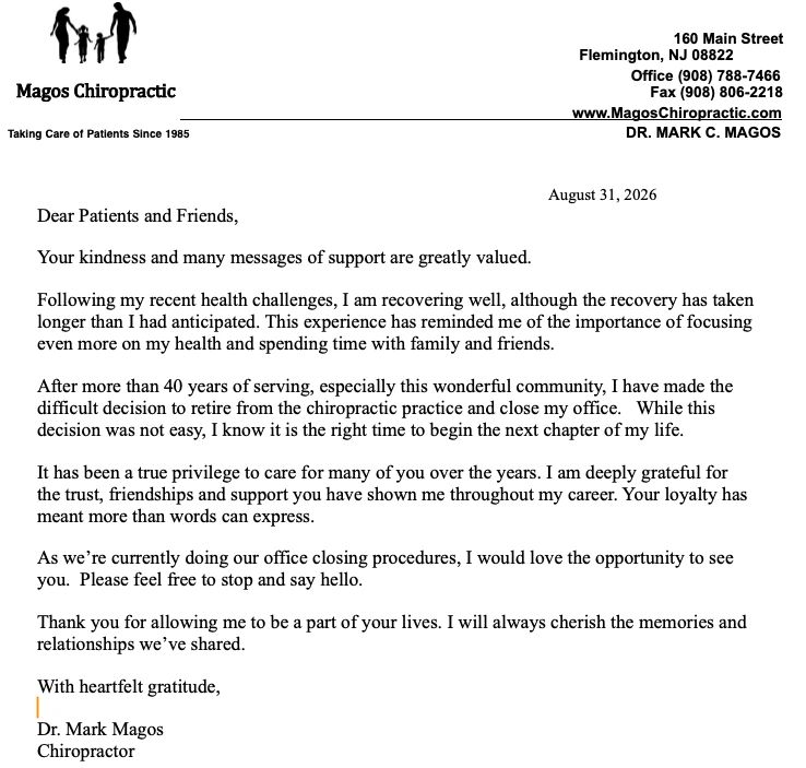 Chiropractor announces retirement after 40 years in a heartfelt letter.
