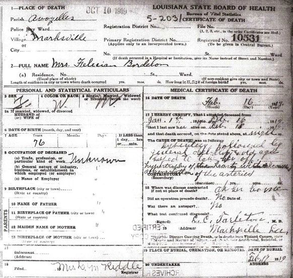 Felonise or Mrs Felician Bordelon's death certificate.