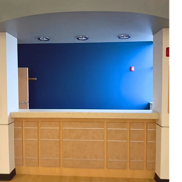 Interior wall painted within the reception area of an office.