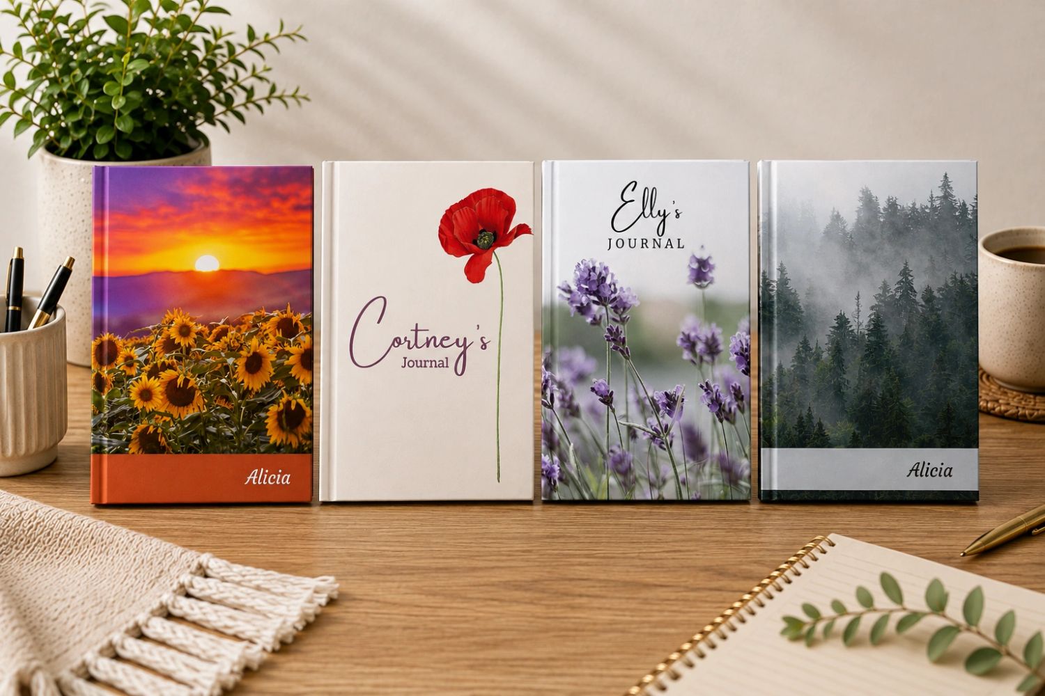 Four personalized hardcover journals featuring sunflower, poppy, lavender, and misty forest designs.