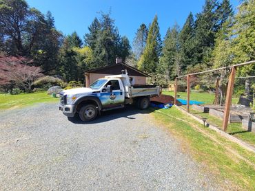 A landscaping truck parked near a house with gardening beds and trees around.