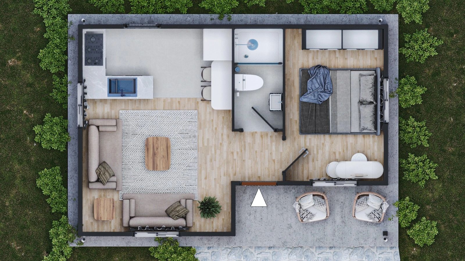 Compact one-bedroom house floor plan with living area, kitchen, and bathroom.
