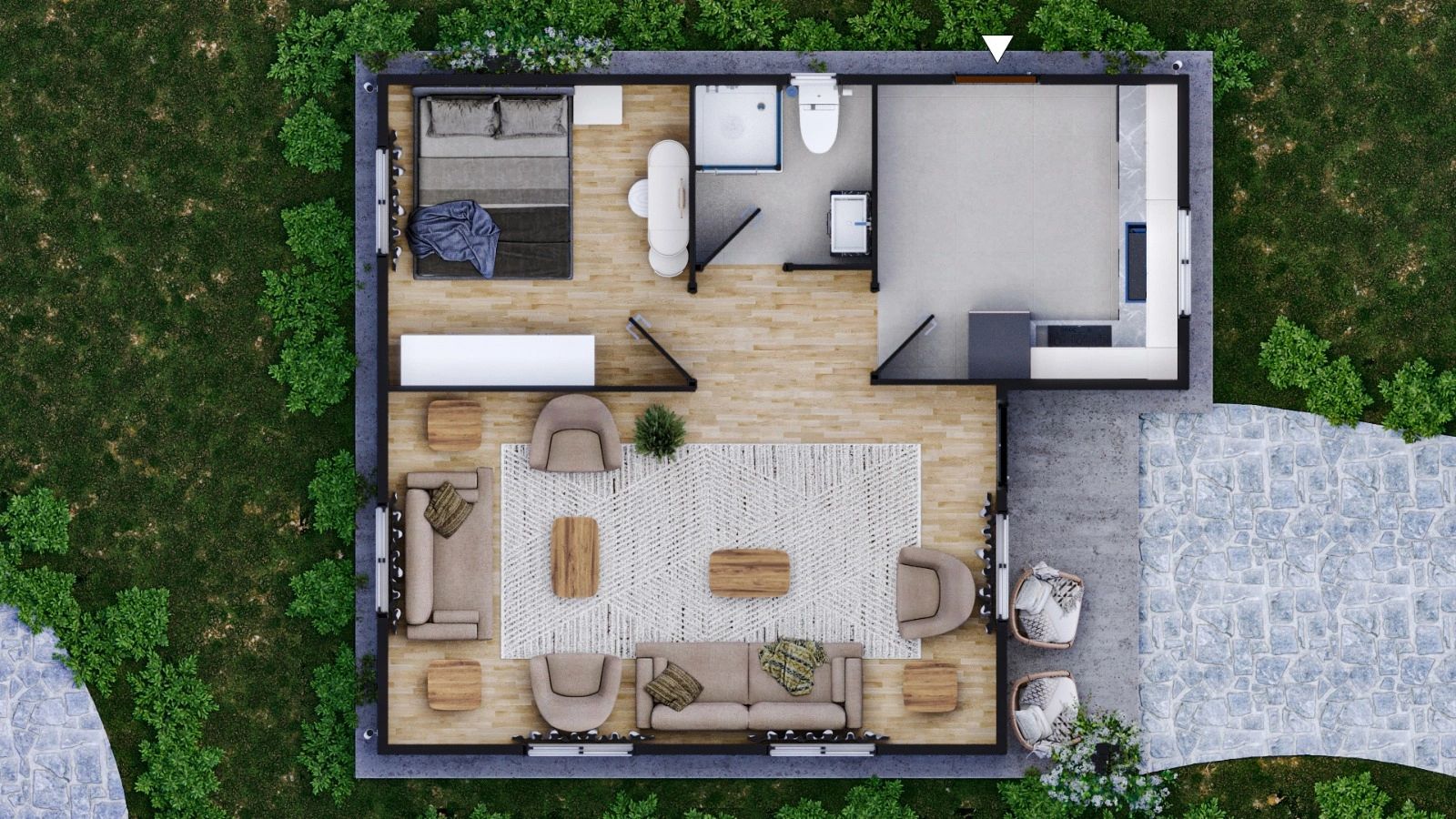 Top-down view of a small modern house interior with garden.