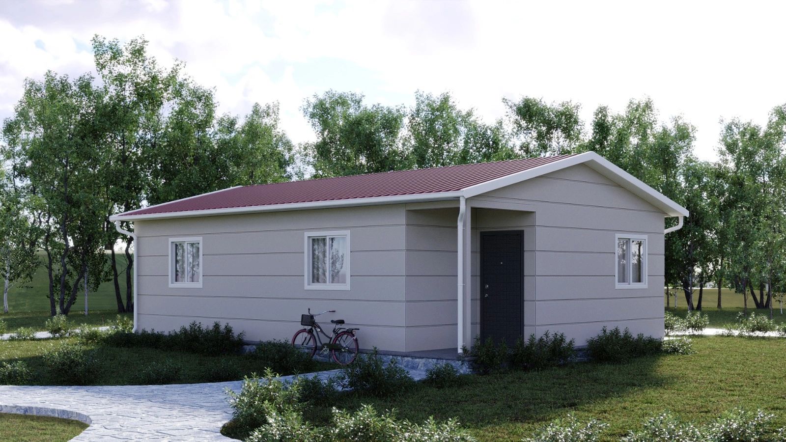Small modern house with red roof and surrounding greenery.