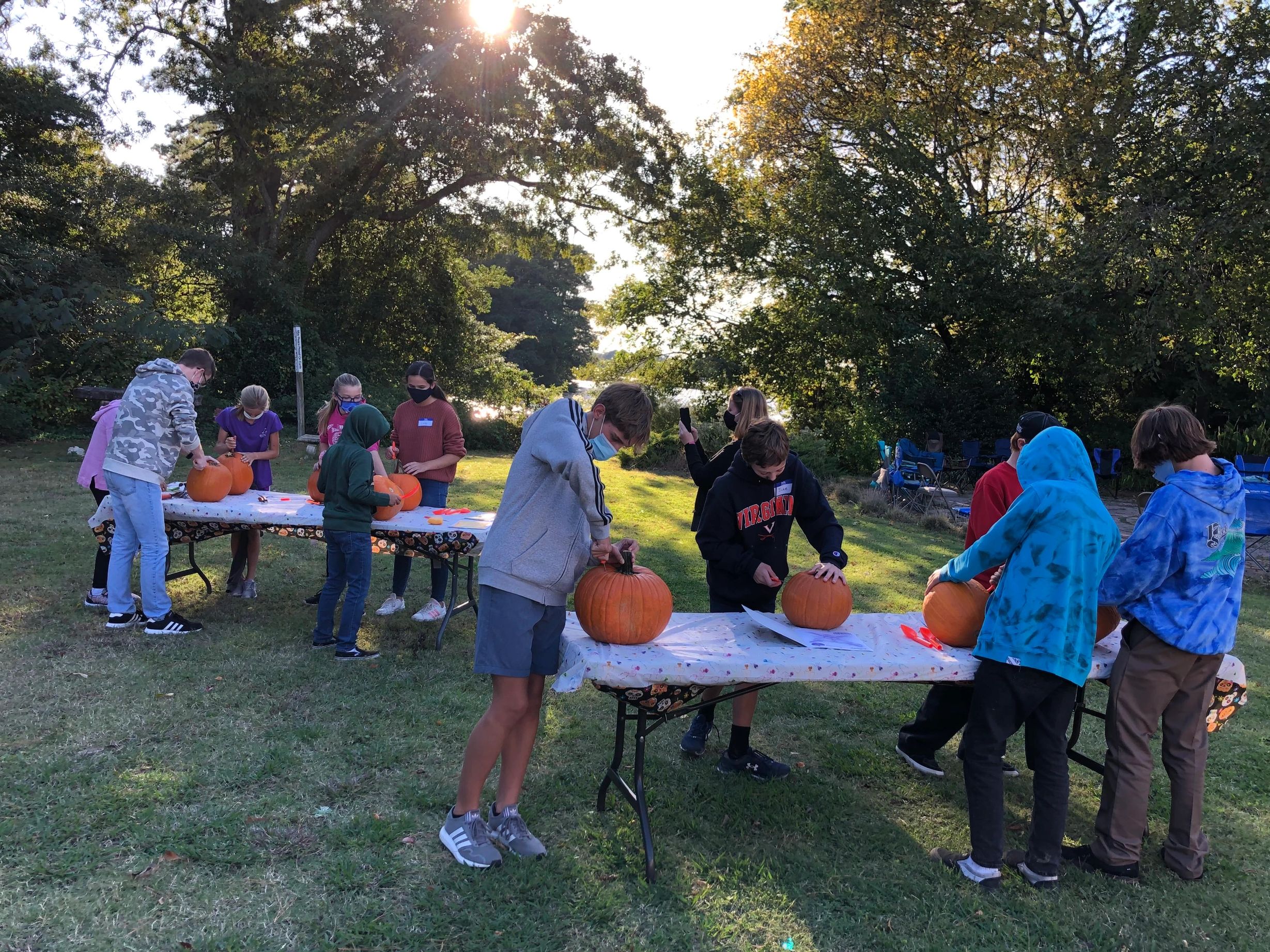 Children carving pumpkins outdoors on a sunny day.