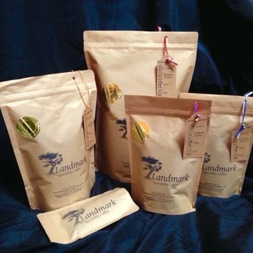 A group of Landmark Speciality Coffee bags, showing all the different sizes.